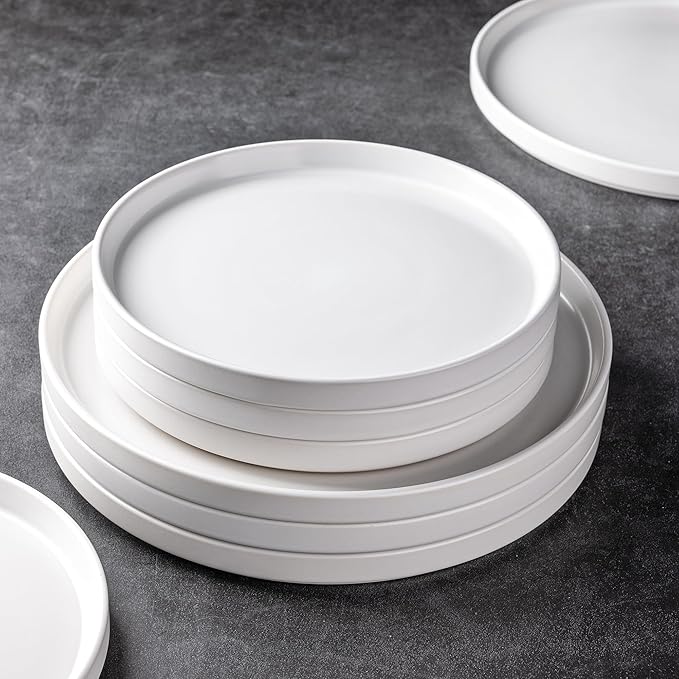 AmorArc Ceramic Dinnerware Sets for 6 Modern Flat Stoneware Plates and Bowls SetsChip and Crack Resistant | Dishwasher &amp Microwave Safe Dishes SetScratch Resistant- Service for 6 (18pc)-Matte W