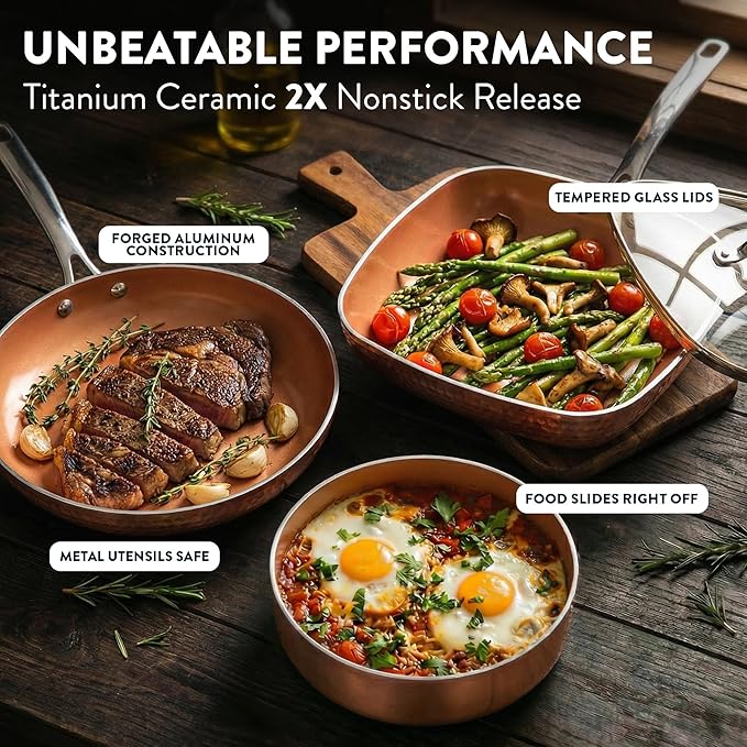 Gotham Steel Hammered 20 Pc Ceramic Cookware Set Nonstick True Ceramic Pots and Pans Set Non Stick with Deep Square Pan Set &amp Bakeware Set Non Toxic PFOA PFOS Free Oven &amp Dishwasher Safe