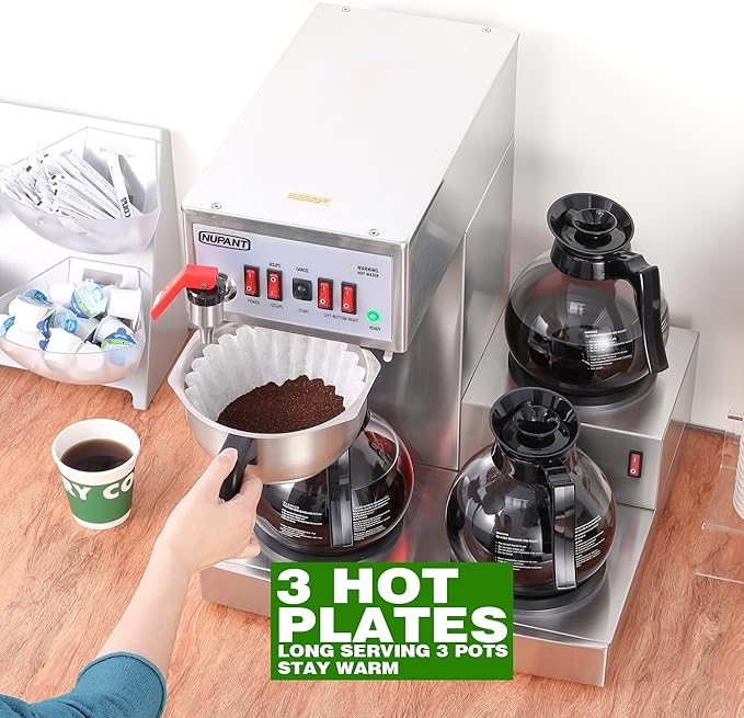 12 Cup Commercial Coffee Maker Auto Filling Drip Coffee Maker Machine with 3 Glass Carafes 3 Warmers Stainless Steel Pour Over Coffee Brewer with Hot Water Supply for Restaurant Office Cafe