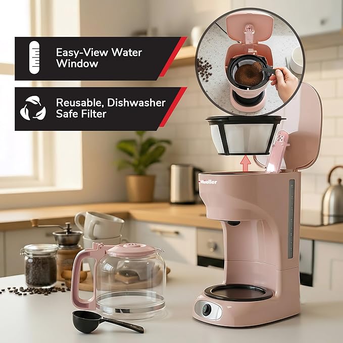 MUELLER HOME 12-Cup Pink Coffee Maker - Borosilicate Carafe Auto-Off Pink Kitchen Accessories Reusable Filter Anti-Drip Kitchen Appliances Keep-Warm Function