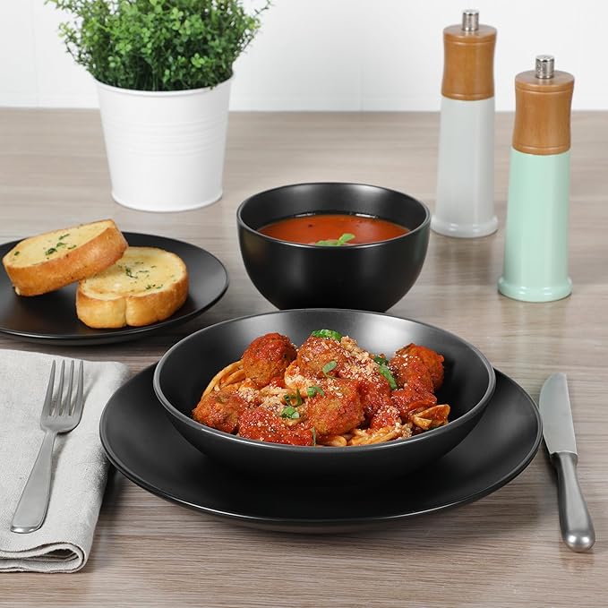 Gibson Home Queenslane 16-Piece Matte Black Stoneware Dinnerware Set – Double Bowl Plates and Bowls Durable Kitchen Dinner Set