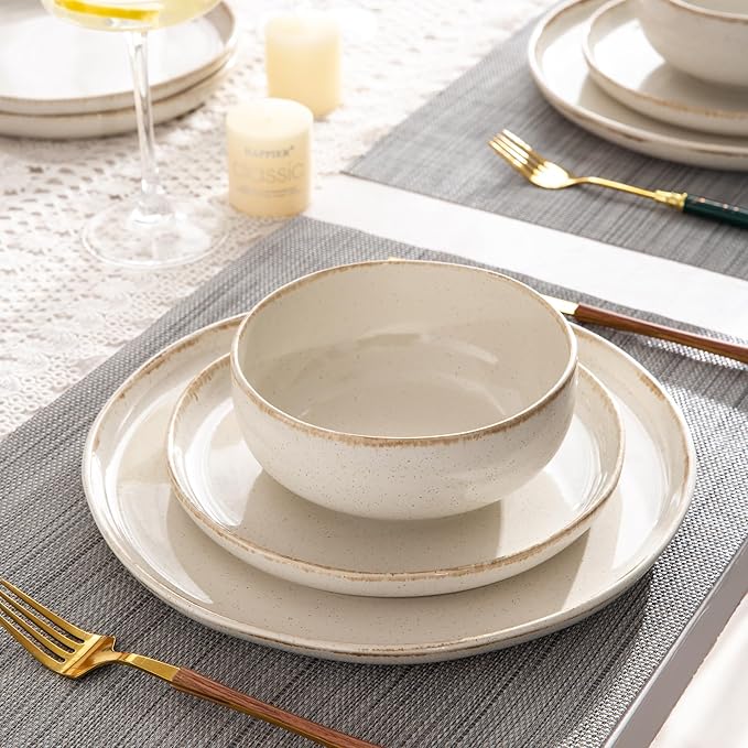 AmorArc Ceramic Dinnerware Sets Wavy Rim Stoneware Plates and Bowls Sets Highly Scratch Resistant | Dishwasher &amp Microwave Dishes set Service for 4 (12pc)-Speckled Cappuccino)