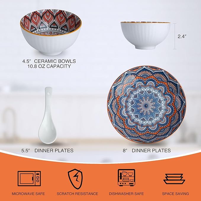 Bohemian Ceramic Dinnerware Set 14-Piece Plates and Bowls Microwave &amp Dishwasher Safe Chip Resistant Eclectic Gift Box