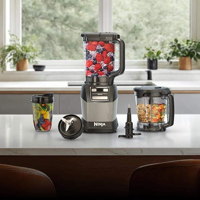 Ninja Blender Compact Kitchen System 1200W 3 Functions for Smoothies Dough &amp Frozen Drinks with Auto-IQ 72-oz.* Blender Pitcher 40-oz. Processor Bowl &amp 18-oz. Single-Serve Cup Grey AMZ