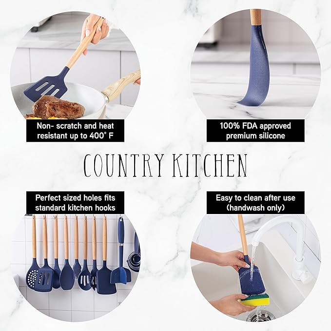 Country Kitchen Diamond Cookware and Utensils Set Bundle- 7 Piece Cast Aluminum Cookware Set with Pots and Pand=s and 38 piece Cooking Utensils Set with Holder and Gadgets (Navy)