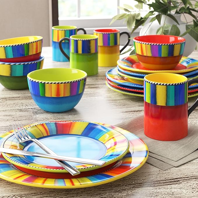Sierra 16-Piece Ceramic Dinnerware Set: Service for 4 Includes Dinner Plates Salad Plates Mugs and Ice Cream Bowls - Great for Everyday Meals Entertaining and Vibrant Table Settings