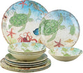 UPware 12 Piece Sea Turtle Melamine Dinnerware Sets Outdoor Dishes Set Plates and Bowls Sets Service for 4 Multicolor