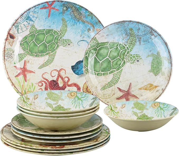 Supreme Housewares 12-Piece Melamine Dinnerware Set Includes Dinner Plates Salad Plates Bowls Service for 4. (Sea Turtle)