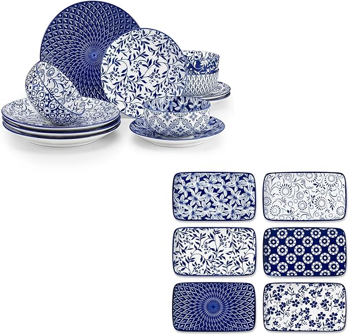 vancasso SELENE Plates and Bowls Set for 4 12 Pieces Dinnerware Sets 8.5 Inch Rectangular Salad Plates Set of 6 Ceramic Salad Plates for Sushi Dessert Appetizer