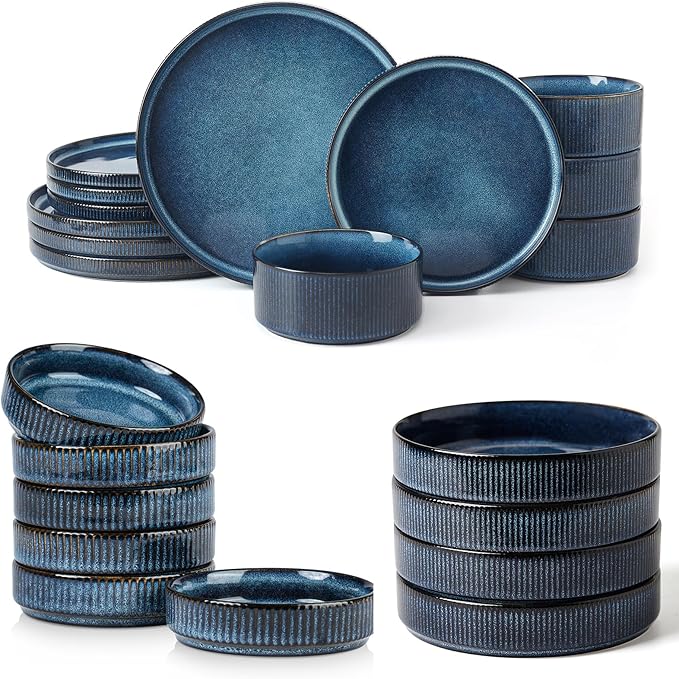 Famiware Dinnerware Set for 4 (12 Piece) and 8.25 Paste Bowl Set (4 Piece) and 4oz Dipping Bowl Set (6 Piece) - Star Stoneware Dishes - Nebulas Blue