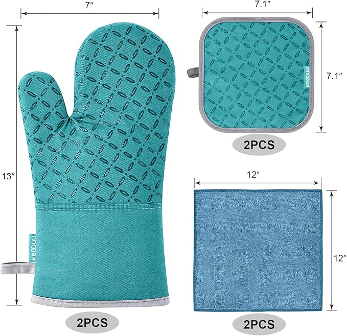 KEGOUU Oven Mitts and Pot Holders 6pcs Set Kitchen Oven Glove High Heat Resistant 500 Degree Extra Long Oven Mitts and Potholder with Non-Slip Silicone Surface for Cooking (Lake Blue)
