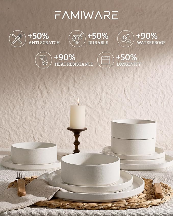Famiware Nebula Plates and Bowls Sets 12 Pieces Stoneware Dinnerware Sets Reactive Glaze Dish Set Dishes Set for 4 Matte Beige White