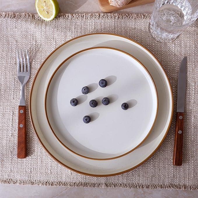 Famiware Nebula Plates and Bowls Sets for 4 12 Pieces Stoneware Dinnerware Set Microwave and Dishwasher Safe Dishes Set Vanilla White with Brown Rim