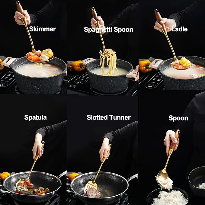 Gold Kitchen Utensils Set with Wooden Handle 6 PCS Professional Stainless Steel Cooking Utensils Set Wok Spatula Ladle Skimmer Slotted Spatula Turner Spaghetti Spoon Large Spoon
