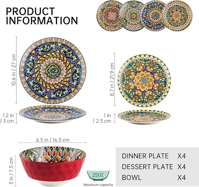 Henten Home Ceramic 12 Pieces Dinnerware Sets Bohemia Dinner Plates Soup Bowls Porcelain Dinnerware Set for 4 Microwave &amp Dishwasher Safe Scratch Resistant