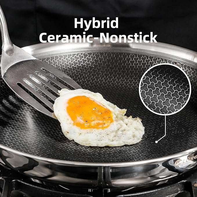 Deluxe 13 Piece Hybrid Ceramic Nonstick Stainless Steel Cookware Set-5 Piece Frying Pan Set 6 PC Pot Set 3.7QT Deep Sauté Pan&ampLid Induction Ready Stay Cool PFOA Free Compatible with All Cookt