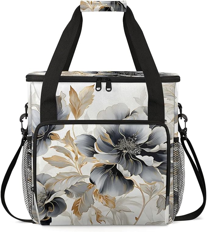 Gray Gold Marble Floral Coffee Maker Carring Bag Large Insulated Storage Organizer Case Tote Bags with Shoulder Strap for Travel Work Picnic
