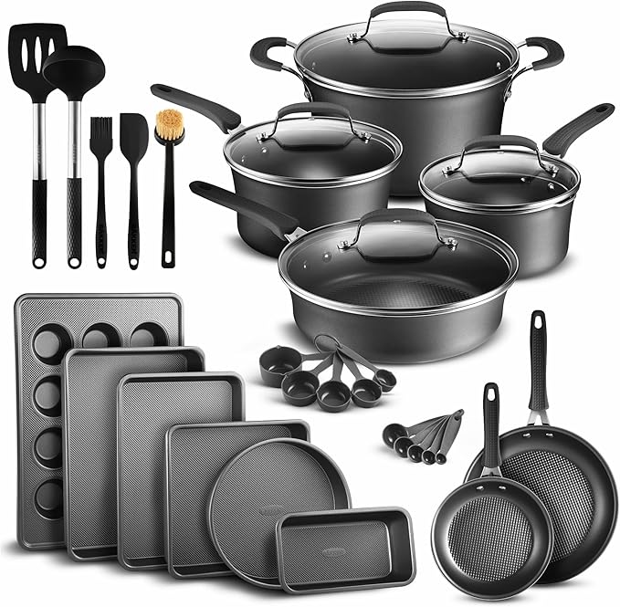 Pots and Pans Set 23-Piece Non Stick Cookware &amp Bakeware Sets with Plaid Pattern Stackable Design Dishwasher Safe Stain-resistant Oven &amp All-Stove Safe Tempered Glass Lid Black