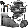 Pots and Pans Set 23-Piece Non Stick Cookware &amp Bakeware Sets with Plaid Pattern Stackable Design Dishwasher Safe Stain-resistant Oven &amp All-Stove Safe Tempered Glass Lid Black