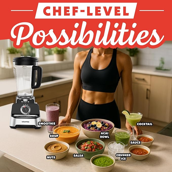 Gourmia Heavy Duty Countertop Blender – 2L BPA-Free Pitcher 1500W High-Speed Motor 45000 RPM 4 Presets Variable Speed Dial Built-In Tamper Dishwasher-Safe Parts Stainless Steel