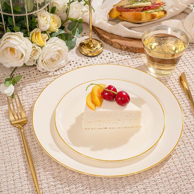bUCLA 150PCS Ivory Plastic Plates with Gold Trim - Heavy Duty Cream Plastic Disposable for Party &amp Wedding - Include 25 Each（Dinner &amp Dessert） Plates 25 Knives 25 Forks 25 Spoons &amp 25 C