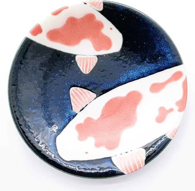 Made in Japan Koi Fish Ceramic Dinnerware Set – 6-Piece Blue &amp Red Plates and Bowls | Hand-Painted Carp Motif | Dishwasher Safe | Japanese Tableware Gift Set