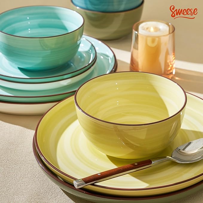 Sweese Plates and Bowls Sets 18 Piece Dinnerware Set Porcelain Round Dinner Set for 6 Scratch Resistant Dishes Set Dishwasher and Oven Microwave Safe Handpainted Swirl Dishware Sets Assorted Green