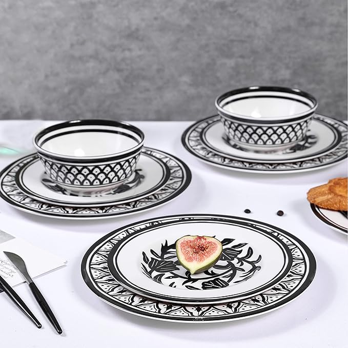 Melamine Dinnerware Sets-12pcs Melamine Plates and Bowls Set Unbreakable Dishwasher Safe Indoor Outdoor Use Ideals for Parties Camping Dish Set Black and White Pattern