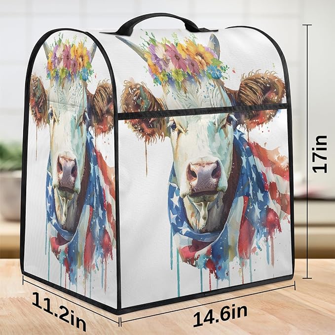 Kitchen Aid Mixer Cover Watercolor Cow American Flag Stand Mixer Cover Compatible with 6-8 Quarts Stand Mixers Dust Covers with Zipper Pocket Foldable Washable Kitchen Aid Organizer Bag