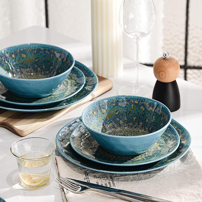 FINE&ampNICE Melamine Dinnerware Set of 12Pcs Dish Set for 4 Lightweight Unbreakable Plates and Bowls Set Great for RVs Camping Dishwasher SafeRusty Blue