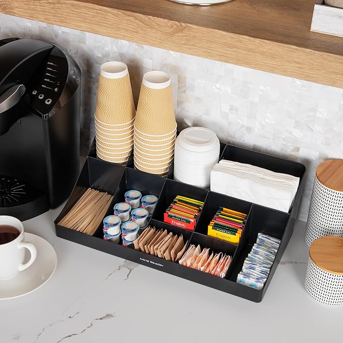 Mind Reader Cup and Condiment Station Countertop Organizer Coffee Bar Kitchen Stirrers 17.875L x 9.5W x 6.625H Black
