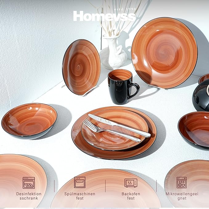 Sonoma Stoneware 16pc Dinnerware Set Outside Black + Inside Hand Painting Color Spice
