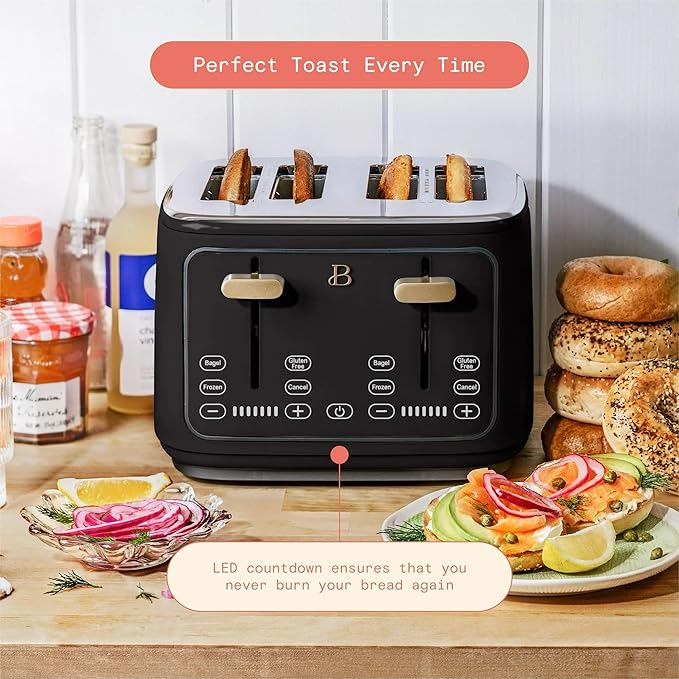 4 Slice Toaster with Touch Control Panel 1800W Fast Heating 7 Toast Shade Levels Extra Wide Slots for Bagels Removable Crumb Tray (Black Sesame)