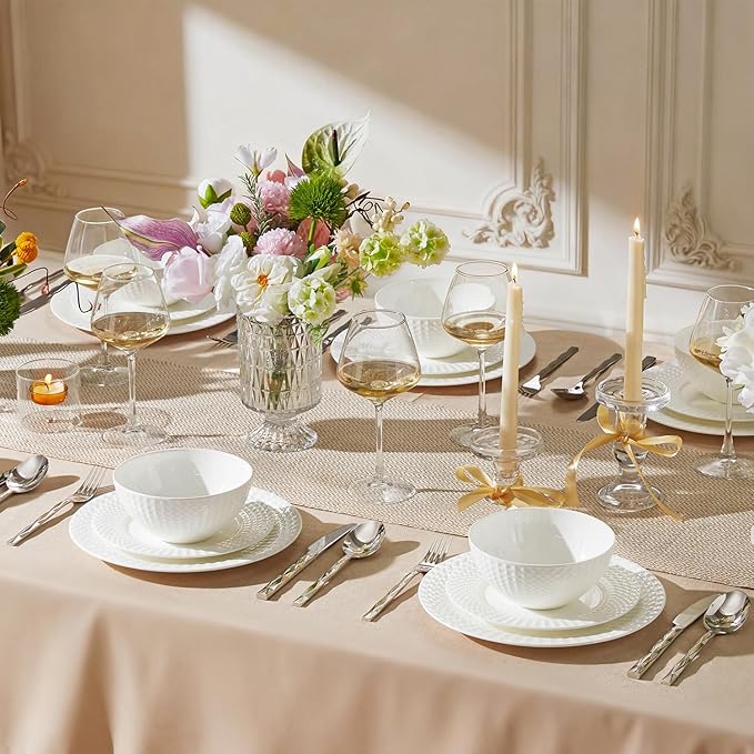 KINGSTONE Bone China Dinnerware Set 18-Piece White Lightweight Porcelain for 6 Plates and Bowls with Rhombus patterned edge design Microwave and Dishwasher Safe for Family Restaurant Gifting