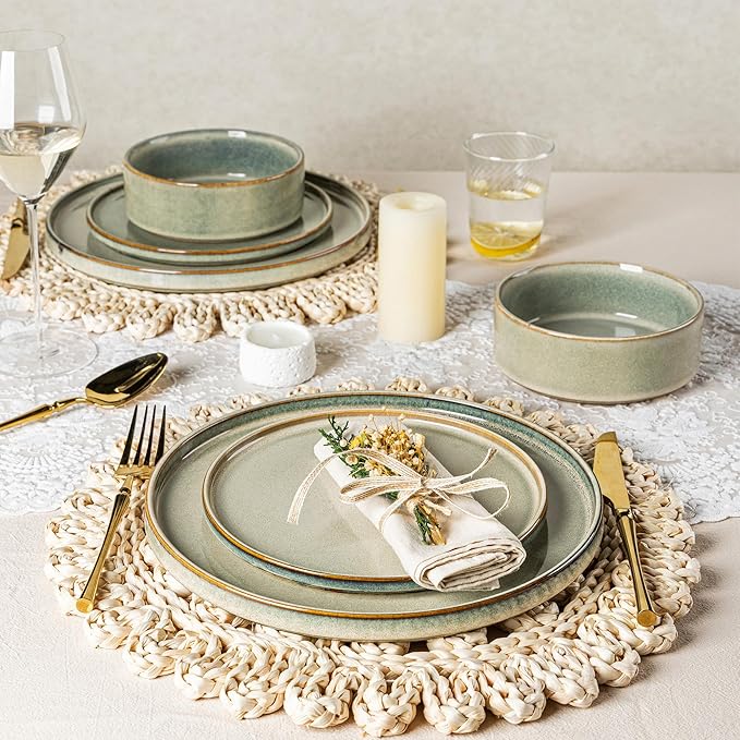 AmorArc Ceramic Dinnerware Sets Handmade Reactive Glaze Stoneware Plates and Bowls SetsHighly Chip and Crack Resistant | Dishwasher &amp Microwave Safe Dishes Set Service for 4 (12pc)