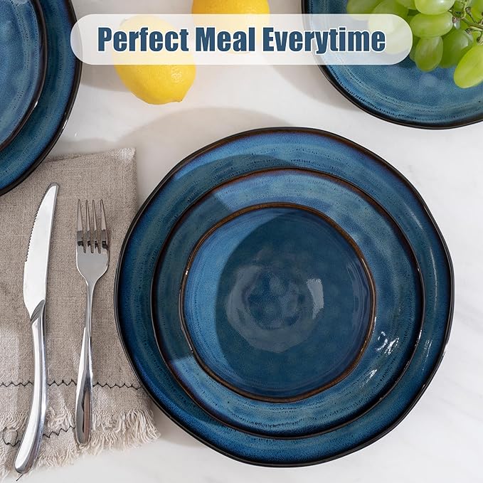 Dinnerware Set Blue 12 Pieces Service for 4 Stoneware Plates and Bowls Set Stoneware Set Dishwasher Microwave Safe Dishes set