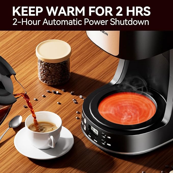 12-Cup Drip Coffee Maker with Reusable FilterProgrammable ClockAuto BrewWater WindowKeep Hot PlateGlass CarafeCompact Design for KitchenOfficeSilver and BlackStainless Steel