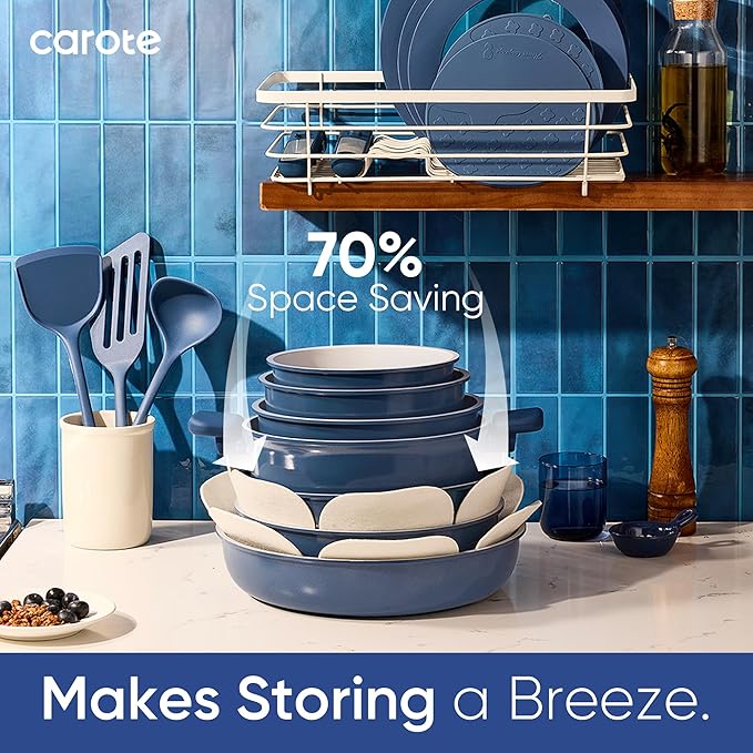 CAROTE 27pcs Ceramic Cookware Set Nonstick Pots and Pans Set Non Stick Non Toxic Cookware Detachable Handles Dishwasher/Oven Safe RV/Camping Cookware Pan and Pot with Kitchen Utensils Navy Blue