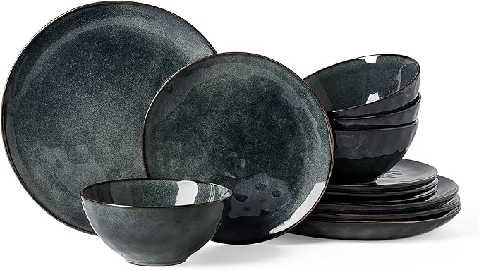 Famiware Dinnerware Sets for 4 Ocean Round 12-Piece Kitchen Plates and Bowls Sets Reactive Glaze Microwave and Dishwasher Safe Scratch Resistant Deep Forest
