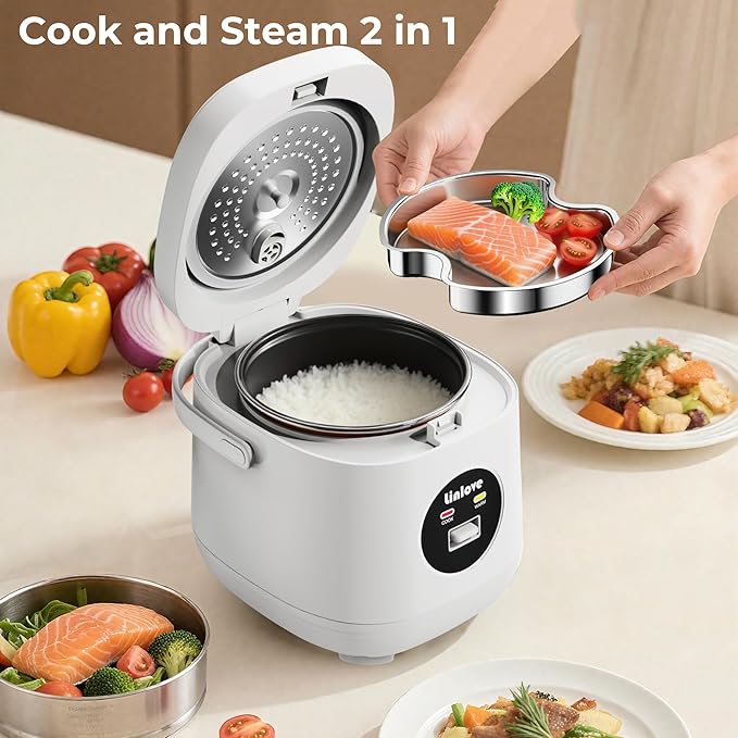 Rice Cooker Small 4 cup Uncooked2 Quart Non-stick Mini Rice CookerWith Stainless Steel Steamer TrayOne-Switch to Cook and Auto Keep WarmRecipe GuideSmall space saving for 1-4 peopleWhite