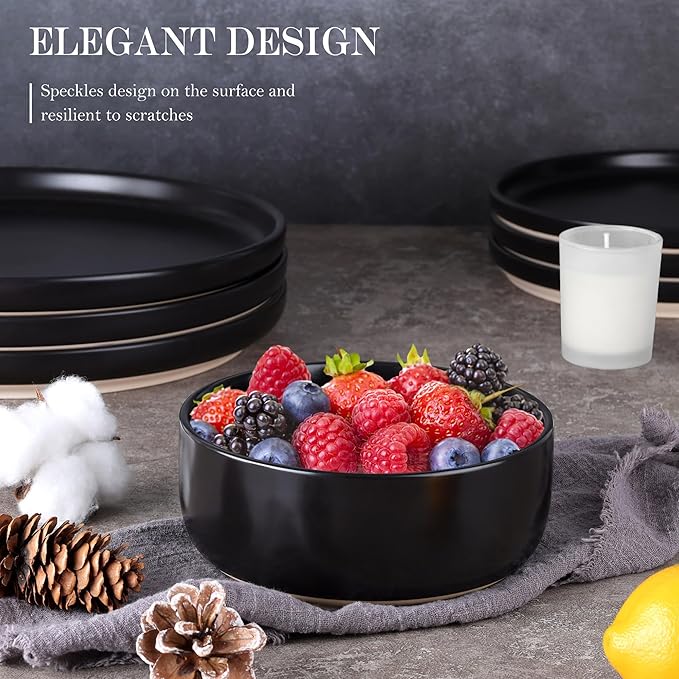 Vesteel 12-Piece Dinnerware set Ceramic Plates and Bowls set for 4 Speckled Stoneware Dishes Set for Family Microwave &amp Dishwasher Safe - Matte Black