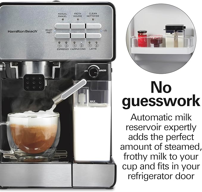 Hamilton Beach Slide and Lock Espresso Machine Programmable Coffee Maker for Café-Quality Cappuccino &amp Latte 15 Bar Pump Milk Frother Steamer Wand 70 oz. Removable Reservoir Black (40750)