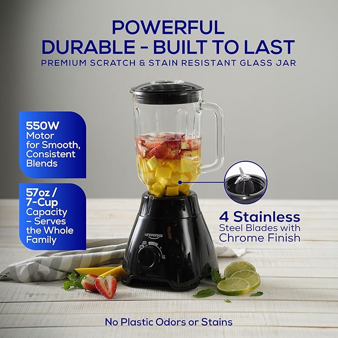 Universal 550W Mass Vital Blender - Glass Jar 57 Oz/1.8 Quart/1.7 Liter - 7-cup 2 Speed + Pulse Function and 4 Stainless Steel Blade with Chrome Steel Technology