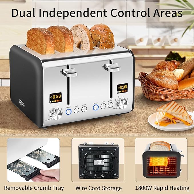 SEEDEEM 4 Slice Stainless Toaster - Color LCD Display 7 Shade Settings 1.5'' Wide Slots Bagel/Defrost/Reheat Functions Removable Crumb Tray Dark Chocolate 1800W