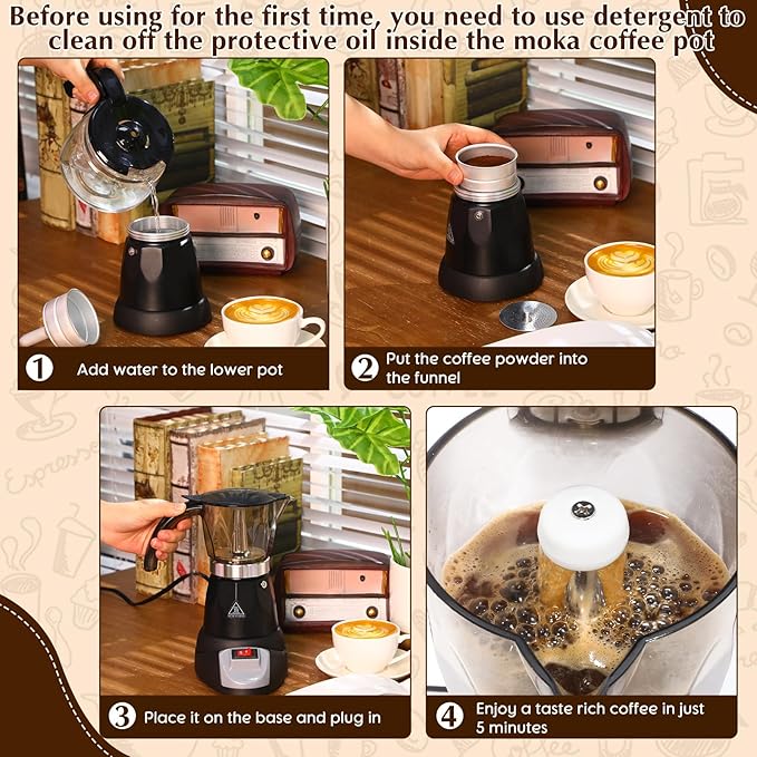 Electric Espresso Maker Transparent Coffee Maker Electric Moka Pot Portable Aluminum Espresso Machine Italian Moka Pot with Detachable Base Coffee Gift for Women Men Home Travel(Black6 Cup)