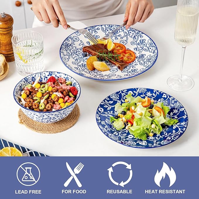 18 Pcs Ceramic Dinnerware - 16 Oz Coffee Mugs and 10.5 Inch Dinner Plates and 12 Oz Dessert Bowls Sets - Service for 6 - Vintage Blue