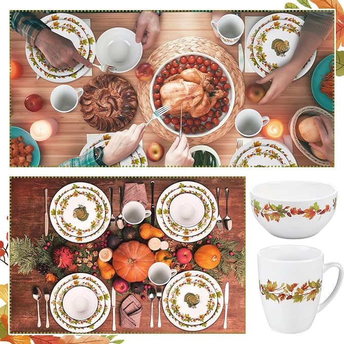 16 Pcs Thanksgiving Dinnerware Sets for 4 Rustic Autumn Tableware Fall Thanksgiving Salad Plate Harvest Soup Cereal Bowl Mug Dinnerware Sets with Berry Fall Maple Leaves Turkey Service