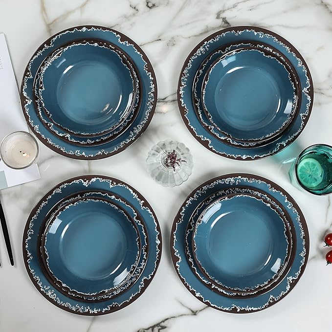 Melamine Dinnerware Set - Yinshine 12-Piece Dishes SetShatterproof Plates and Bowls Sets LightweightUnbreakableDishwasher SafeBlue