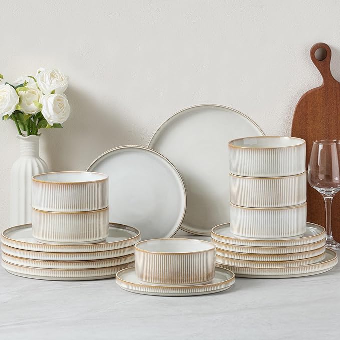 E-far Stoneware Dinnerware Sets 18-Pieces Modern Plates and Bowls Sets Kitchen Dinning Porcelain Dishes Set for 6 Chip &amp Scratch Resistant Dishwasher &amp Microwave Safe Creamy Beige