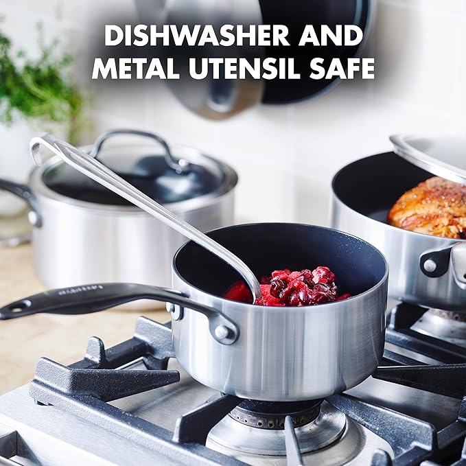 GreenPan Venice Pro Noir Tri-Ply Stainless Steel Healthy Ceramic Nonstick 13 Piece Cookware Pots and Pans Set Matte Black Handle PFAS-Free Multi Clad Induction Dishwasher Safe Oven Safe Silver